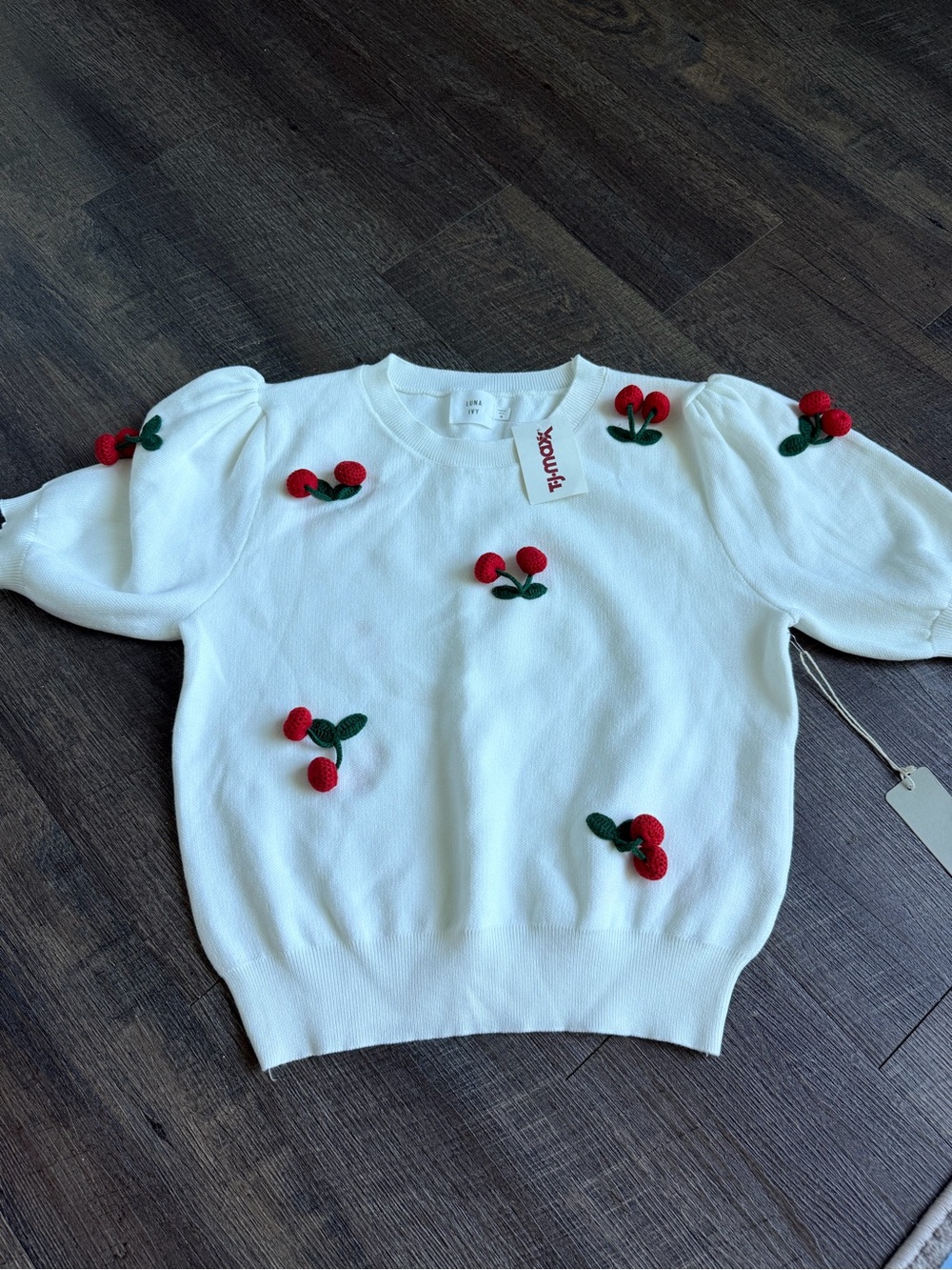 White Cherry Embellished Puff Sleeve Sweater shirt